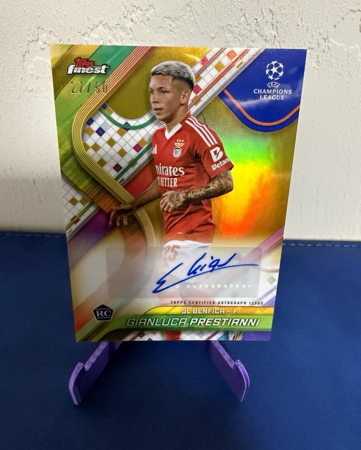 2024-25 Topps Finest UEFA Club Competitions Gianluca Prestianni RC Auto Gold /50 view 1
