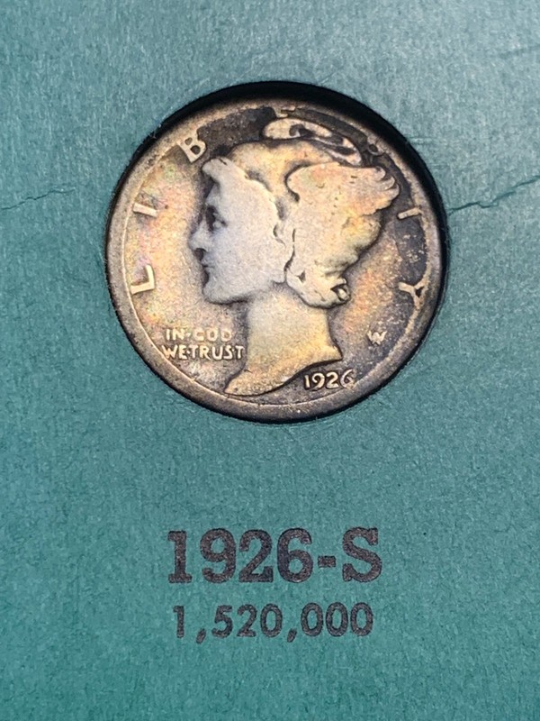 1926-S Silver Mercury Dime, Key Date, Colorful Album Toning