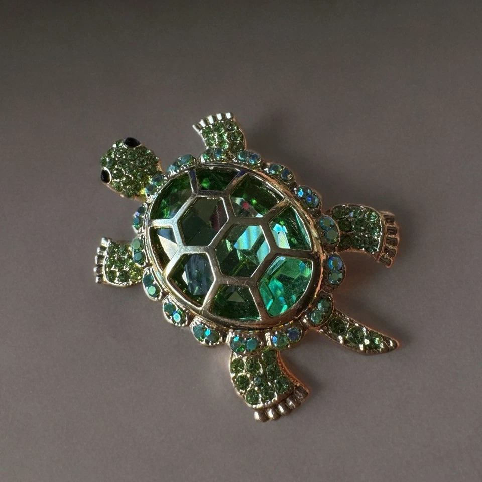Broche Tortuga Estrás Verde De Colección Tono Dorado Tortuga Marina Prendedor Concha Brillante Foto 3 de 4