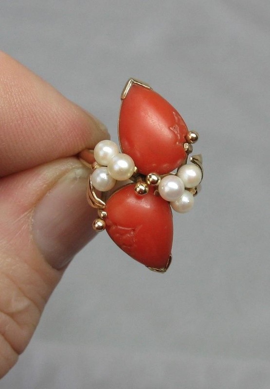 Spectacular Red Coral Ring 14K Gold Pearl Retro Antique Vintage Cocktail