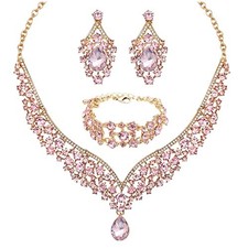 Women's Statement Necklace Earrings Link Bracelet Set for Bride pink crystal