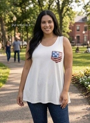 New Plus Size Women's White American Flag Sequin Pocket Tank Top Shirt 1X 2X 3X