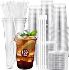 150 Set 16 oz Clear Plastic Cups with Spoon Straws and Flat Lids Disposable Iced