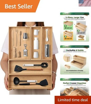Set of 5 Eco-Friendly Bamboo Drawer Organizers - Stackable Utensil Storage