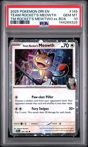 PSA 10 2025 POKEMON TEAM ROCKET'S MEOWTH COSMOS HOLO DRI EN-DESTINED RIVALS #149