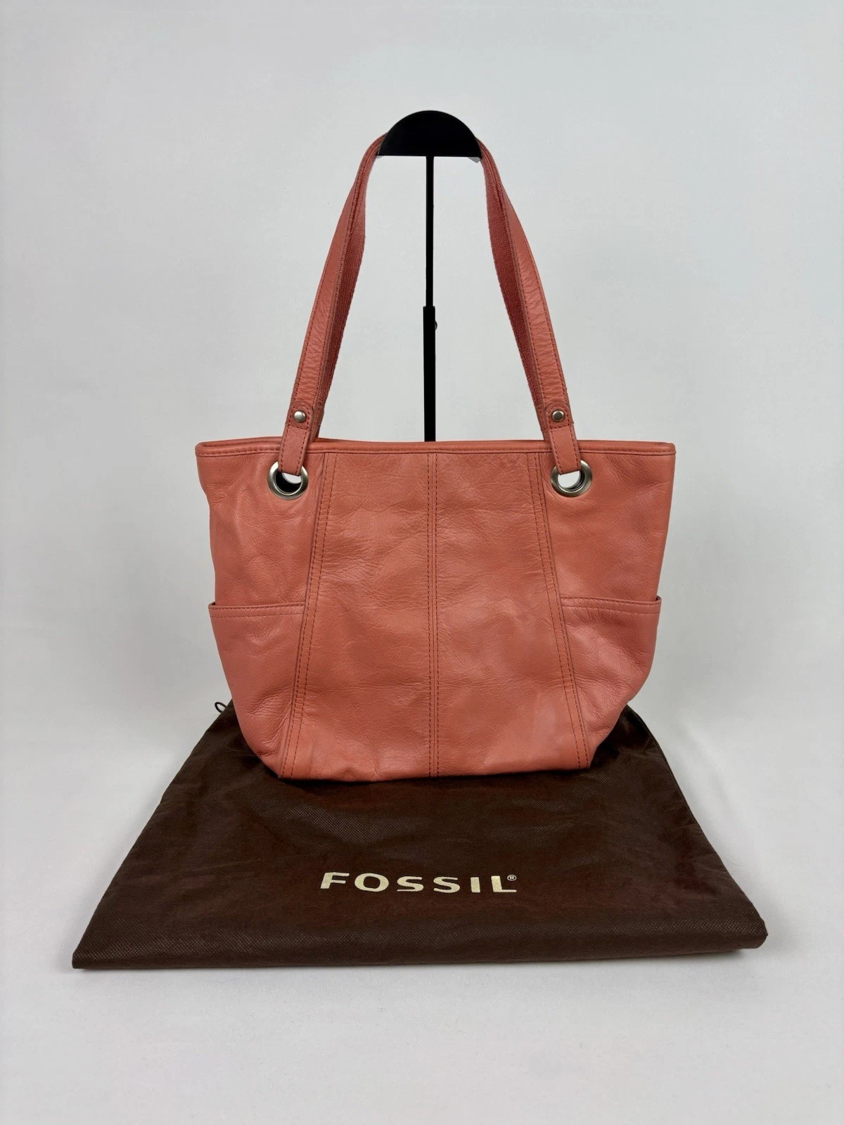 Fossil Leather Bag Tote Handbag Pink Peach Shoulder with Dust Bag