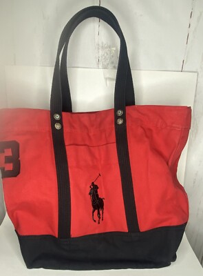 Polo Ralph Lauren Big Pony 3 Red Tote Bag Canvas Zip Large Carry