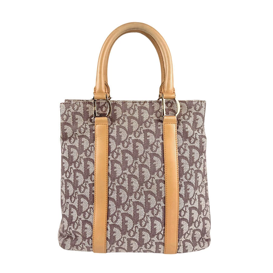 Authentique sac à main trotteur Christian Dior sac fourre tout marron toile/cuir/or z4388