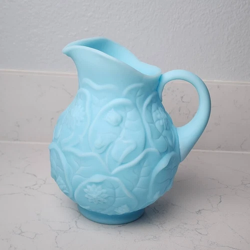 Fenton Pitcher Blue Satin Water Lily Milk Glass 7.5" Vintage