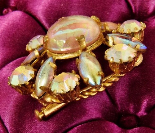 Wunderschön hübsche Vintage französische rosa facettierte & Cabochon Steinbrosche, Pin - Bild 3 von 12