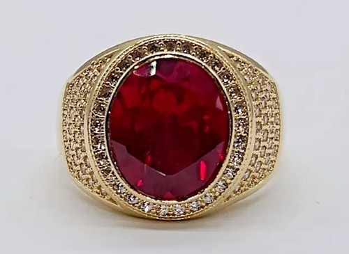 4Ct Oval Lab Created Red Ruby Diamond Men Engagement Ring 14K Yellow ...