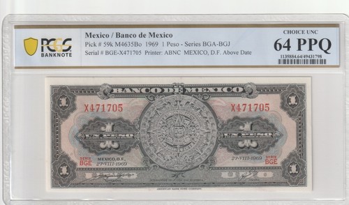 Mexico 1969 1 Peso PCGS Certified Banknote UNC 64 PPQ Pick 59k