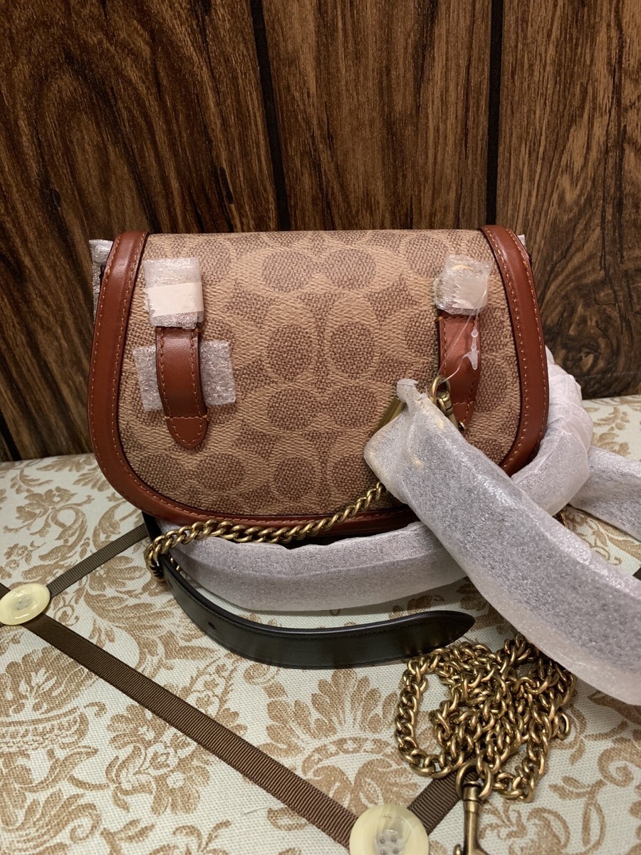 COACH Signature Saddle Belt Bag Chain Crossbody Bag Tan/Rust/Brass