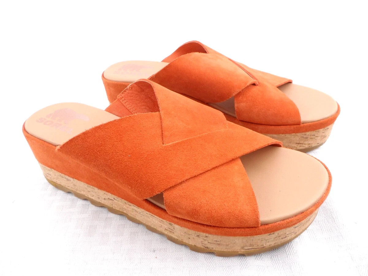 Sorel Roaming Criss Cross Slide Orange Leather Platform Sandal