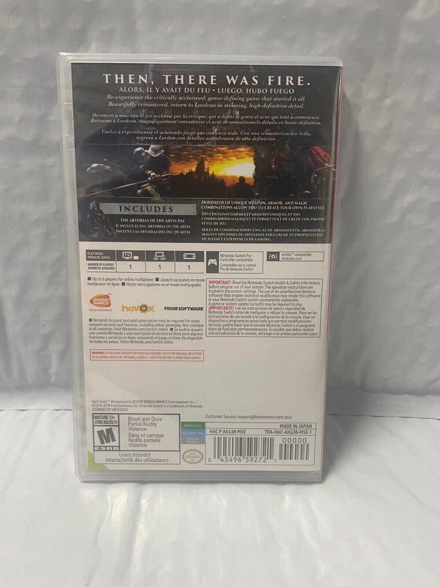 Dark Souls Remastered Switch case with red-black cover art, yellow spine, and Nintendo branding.