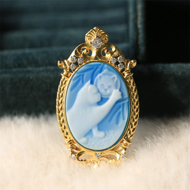 D18 spielende Katze Anhänger Brosche Perlmutt auf blauem Achat Silber 925  - Bild 3 von 4