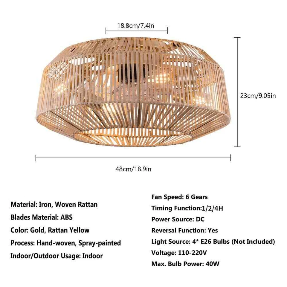 OUKANING 18.9 in. Indoor Brown Rattan Caged 6 Speeds Fan+Reversible+Remote - Image 2 of 4