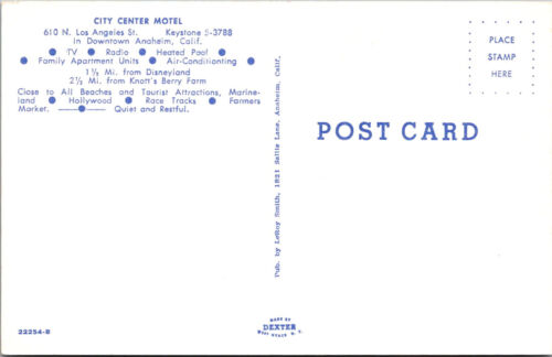 ANAHEIM, CALIFORNIA DISNEY CITY CENTER MOTEL & SWIMMING POOL - VINTAGE POSTCARD - Picture 2 of 2