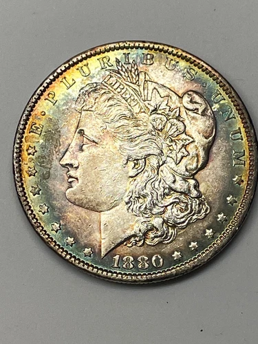 1880 0 Morgan Dollar TRUE RAINBOW TONED Gem BU RARE FIND