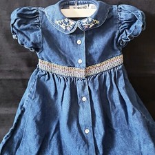Vintage Girl's 4T Youngland Denim Embroidered Dress Puff Sleeves Collar Buttons
