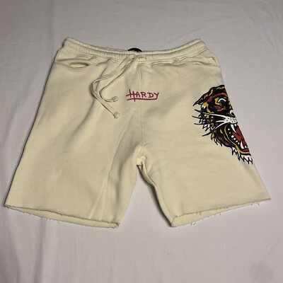Ed Hardy Fleece Tiger Sweat Shorts Mens Size Large Cream Raw