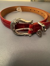 Brighton Red Leather Belt with Ornate Silver Tone Bucle Medium