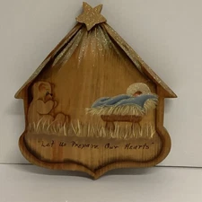 Wooden Nativity Scene Baby Jesus In A Manger And A Bear Figure Wall Hanging
