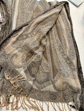 Women's Silky Gold Scarf Paisley Print Shawl Wrap with Fringe