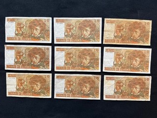 Lot de 9 billets de banque française de 10 Francs Berlioz de1975 à 1978