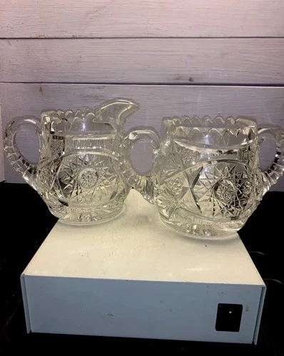 Antique American Brilliant Cut Glass Creamer & Sugar Set Heavy Blanks Authentic