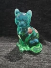 Fenton Green Glass Sitting Cat Figurine Floral Pattern 1990s M. Wagner *UV*