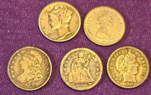 Collection of 5 silver dimes 1835 Capped bust, 1856 Seated liberty, 1915 Barber,