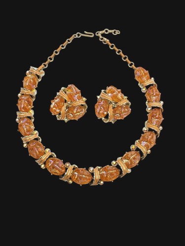 Vtg MCM Orange Dragons Breath Lucite/ Enamel AB Crystals Necklace Earrings Set