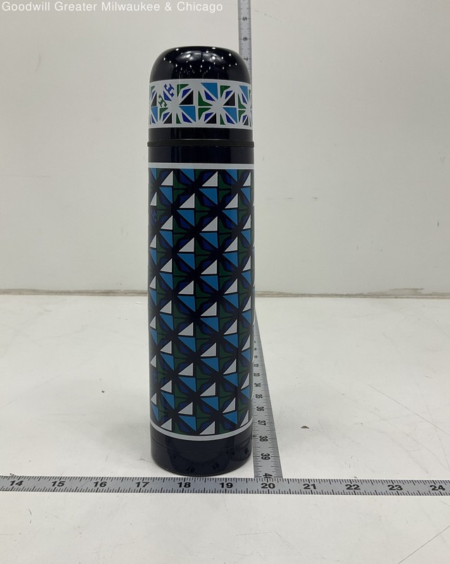 Tory Burch Blue Green Geometric Pattern Insulated Thermos Cup Bottle