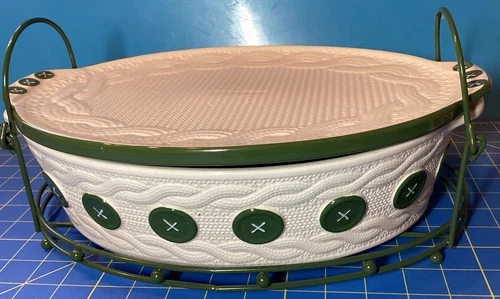 TEMPTATIONS Green & Cream 3 Piece Set 3 qt Casserole, cover/lid & metal Trivet
