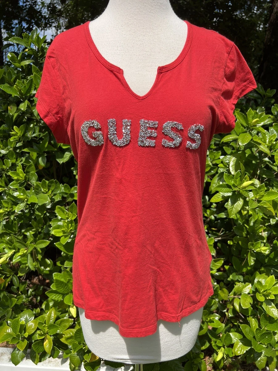VTG 80 s Guess Red V Neck Shirt Keyhole Neck Metallic Rhinestone Lettering
