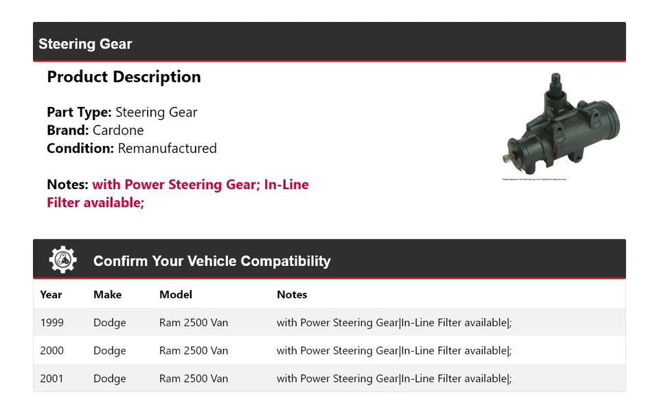Engranaje de dirección Cardone 2000 para camioneta Dodge Ram 2500 1999-2001 Foto 2 de 4