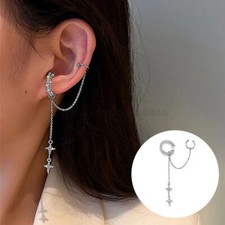 Moon Star Rhinestone Chain Geometric Tassel Earring Sterling Silver Ear Cuff 1pc