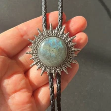 Natural Labradorite Stone Silver Sun Pattern Bolo Tie Western Wedding Necklace