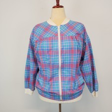 Vintage 90s Catalina Womens Medium Plaid Full Zip Jacket Pink Blue Retro Preppy