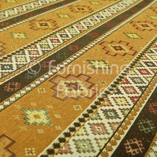 Yellow Brown Chenille Upholstery Curtain Fabric Traditional Kilim Stripe Pattern - Picture 4 of 5