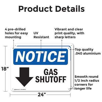 (2 Pack) Gas Shutoff [Down Arrow] OSHA Notice Sign Decal Metal Plastic