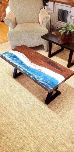 Ocean Wave Epoxy Resin Dining Table Handmade Wooden Live Edge Cafeteria Decors