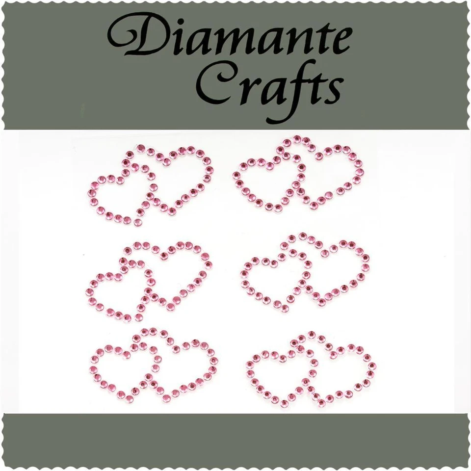 DIAMANTE CRAFTS 6 Light Pink Diamante Double Hearts - Self Adhesive Rhinestone Body Gems