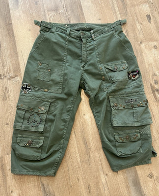 Robin's Jean Men's Green Cotton Cargo Shorts Studded Embroidered Skull