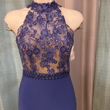 Alyce Paris Blue Beaded Halter Neck Mesh Long Prom Gown Sleeveless Size 6 Lot 1
