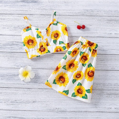 Toddler Kids Baby Girl Summer Outfits Sunflower Print Crop Top Skirt Clothes Set - Picture 4 of 16