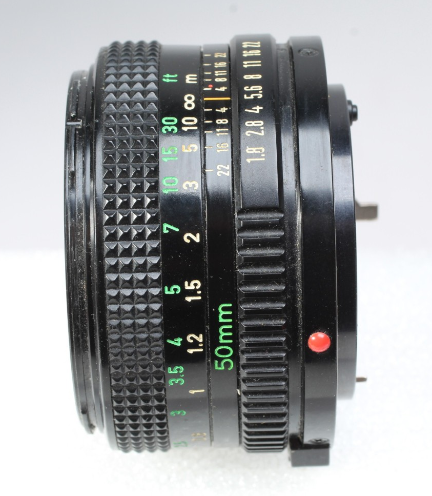 CANON F1 W 50MM F/1.8 FD LENS, HOOD, FLASH MOUNT & CAP SHUTTER