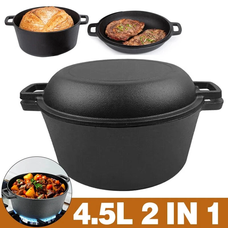 Cast Iron Casserole Pot Pan Cooking Camping Stew Dutch Oven Stockpot Lid Grill ✾