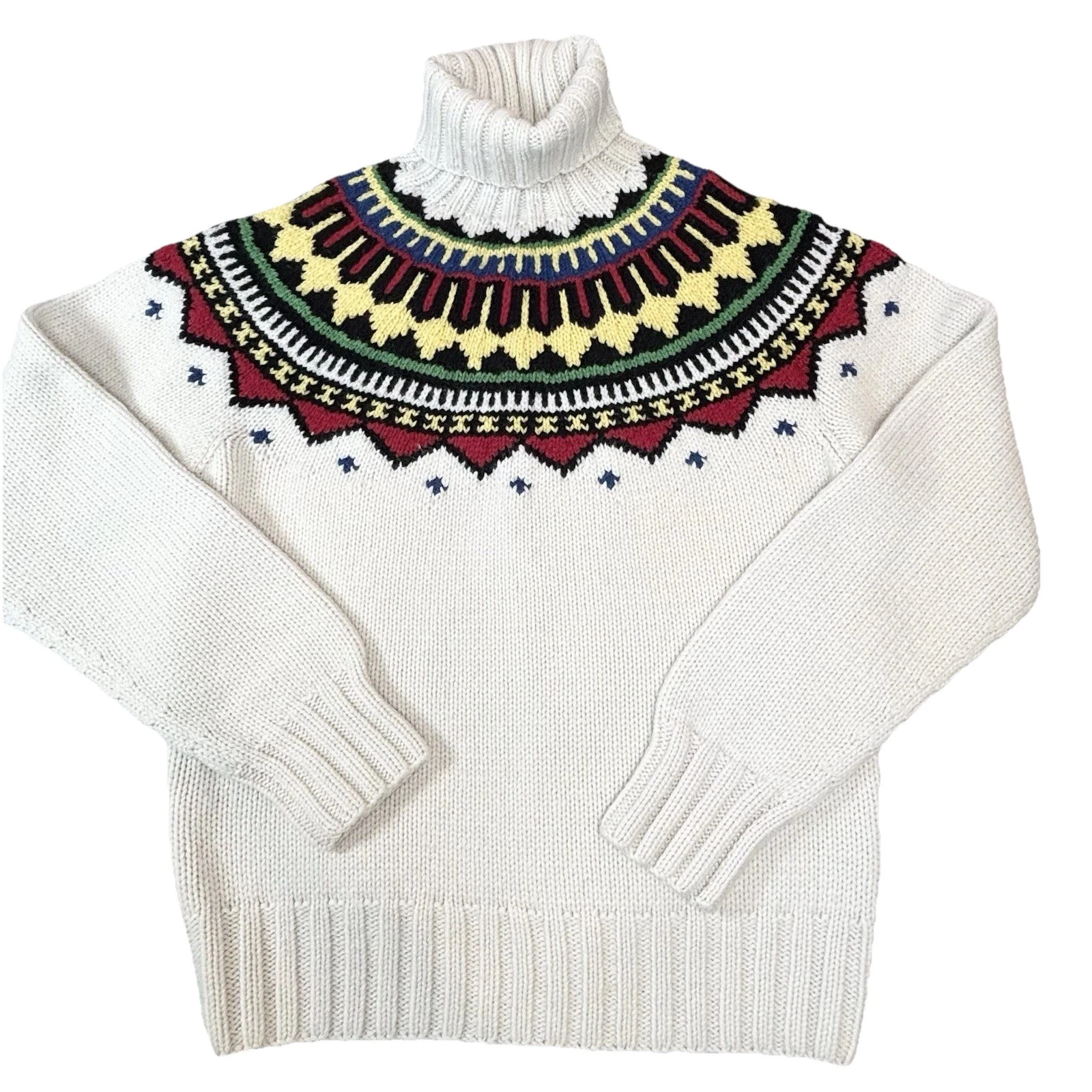 Vintage Polo Ralph Lauren Fair Isle Sweater Hand Knit Medium Wool Turtleneck 90s